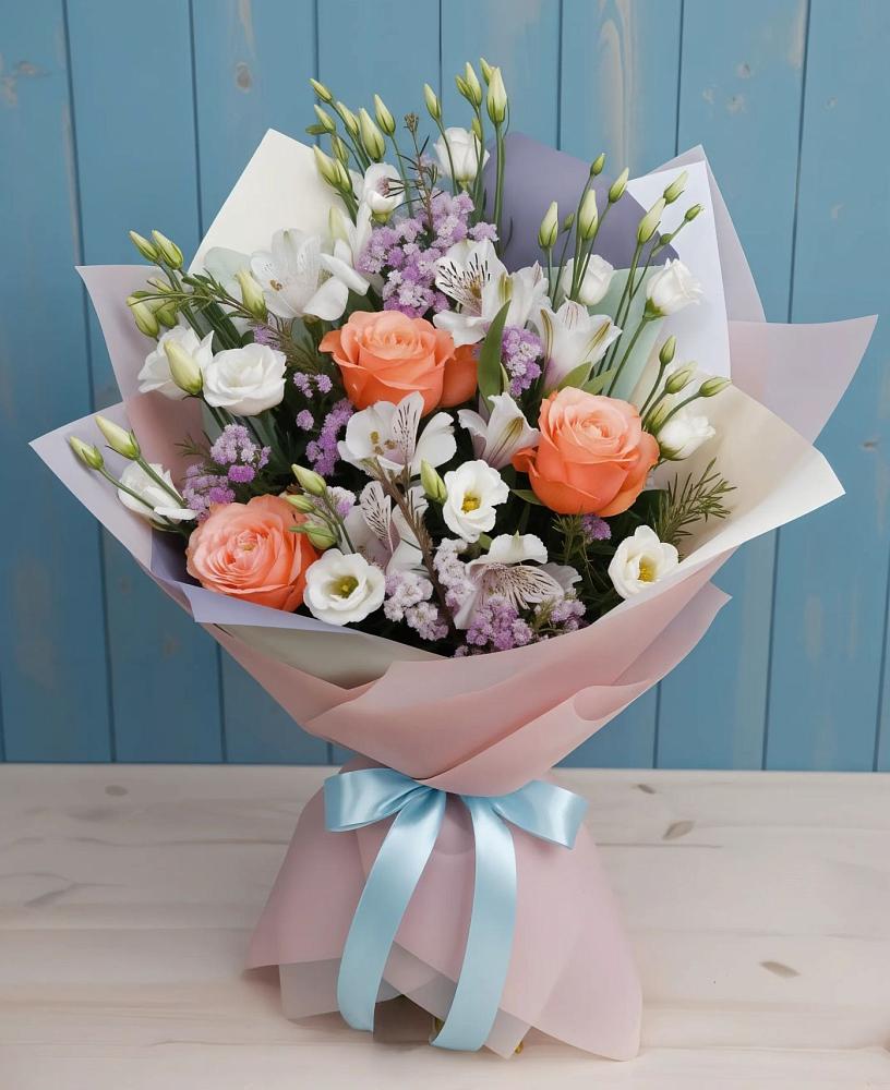 Букет цветов из: Лизиантусы, Розы, Альстромерии и Гипсофила в Мулино