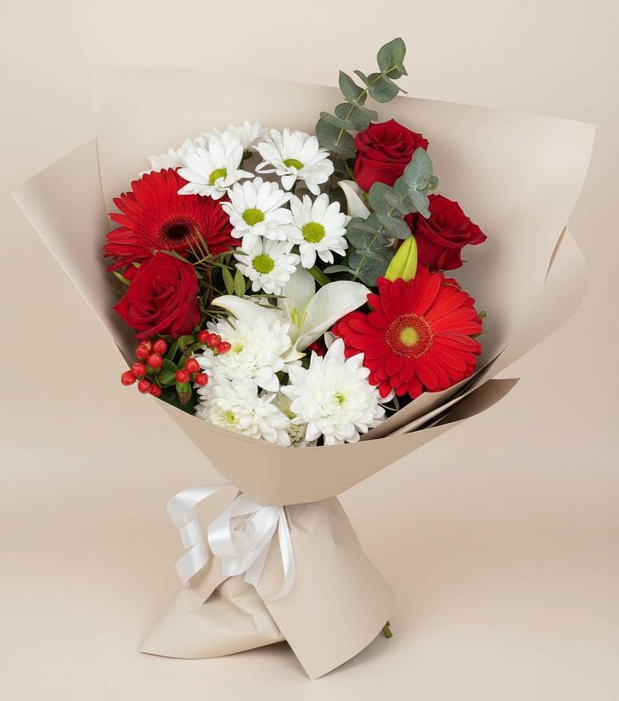 Букет цветов из: Розы, Хризантемы, Герберы и Лилии в Мулино